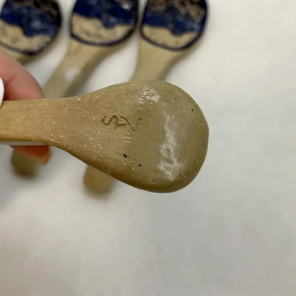 Sylvia Lawson NC Pottery Blue Sgrafitto Small Spoons Signed Pilot Mountain 1993